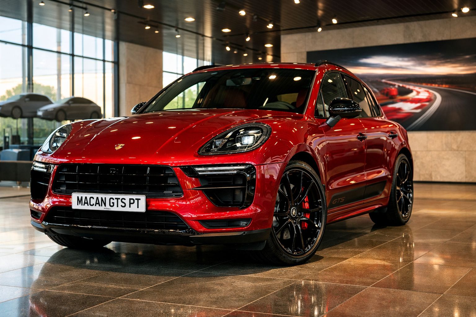 Carro esportivo vermelho Porsche Macan GTS exibido em showroom moderno com piso de mármore.