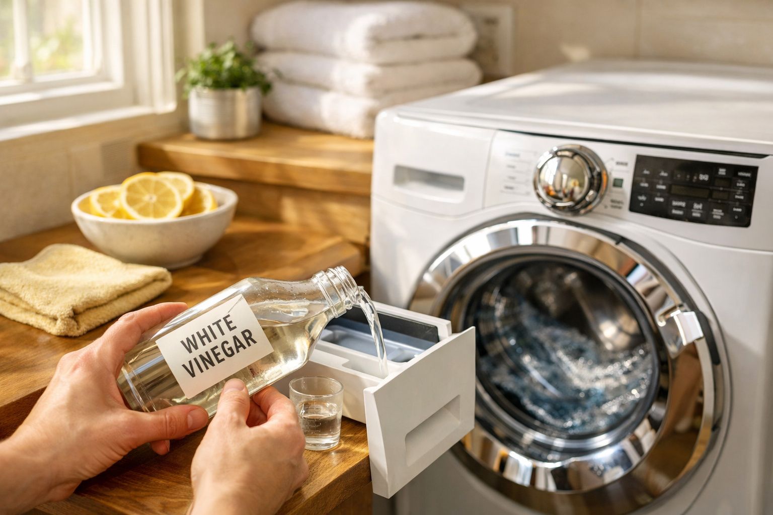 Pessoa despejando vinagre branco no compartimento de detergente da máquina de lavar roupas branca.