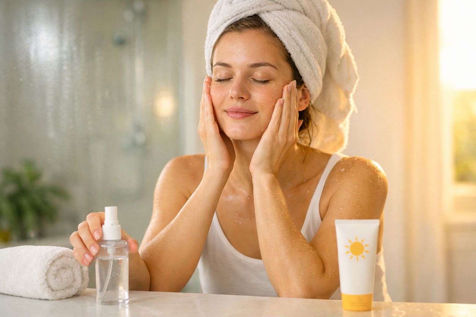 Mulher com toalha na cabeça aplica hidratante no rosto em banheiro iluminado pela manhã.