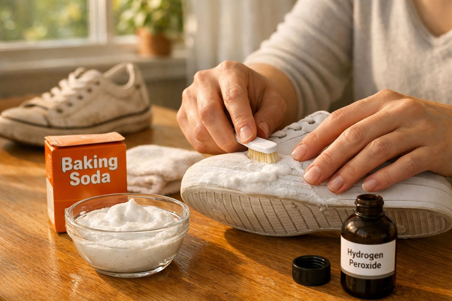 Pessoa limpando tênis branco com escova, bicarbonato de sódio e peróxido de hidrogênio sobre mesa de madeira.
