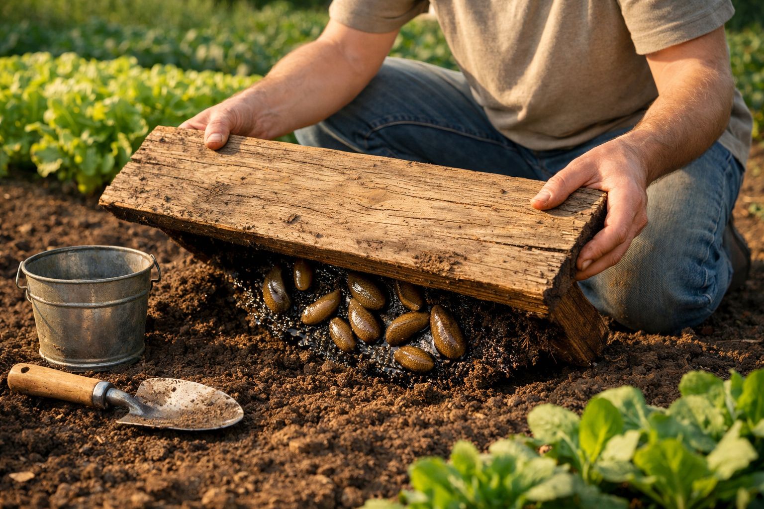 Pessoa removendo tábuas para mostrar lesmas sob madeira em solo de horta, com pá e balde metálico ao lado.