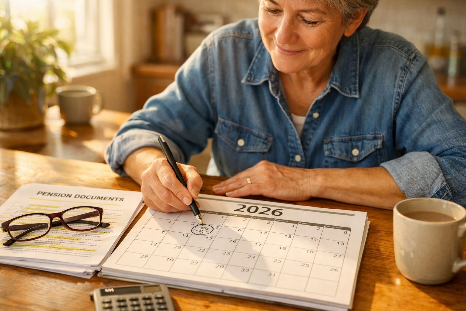 Mulher marcando data no calendário de 2026, com documentos de pensão e óculos ao lado, em mesa com café.