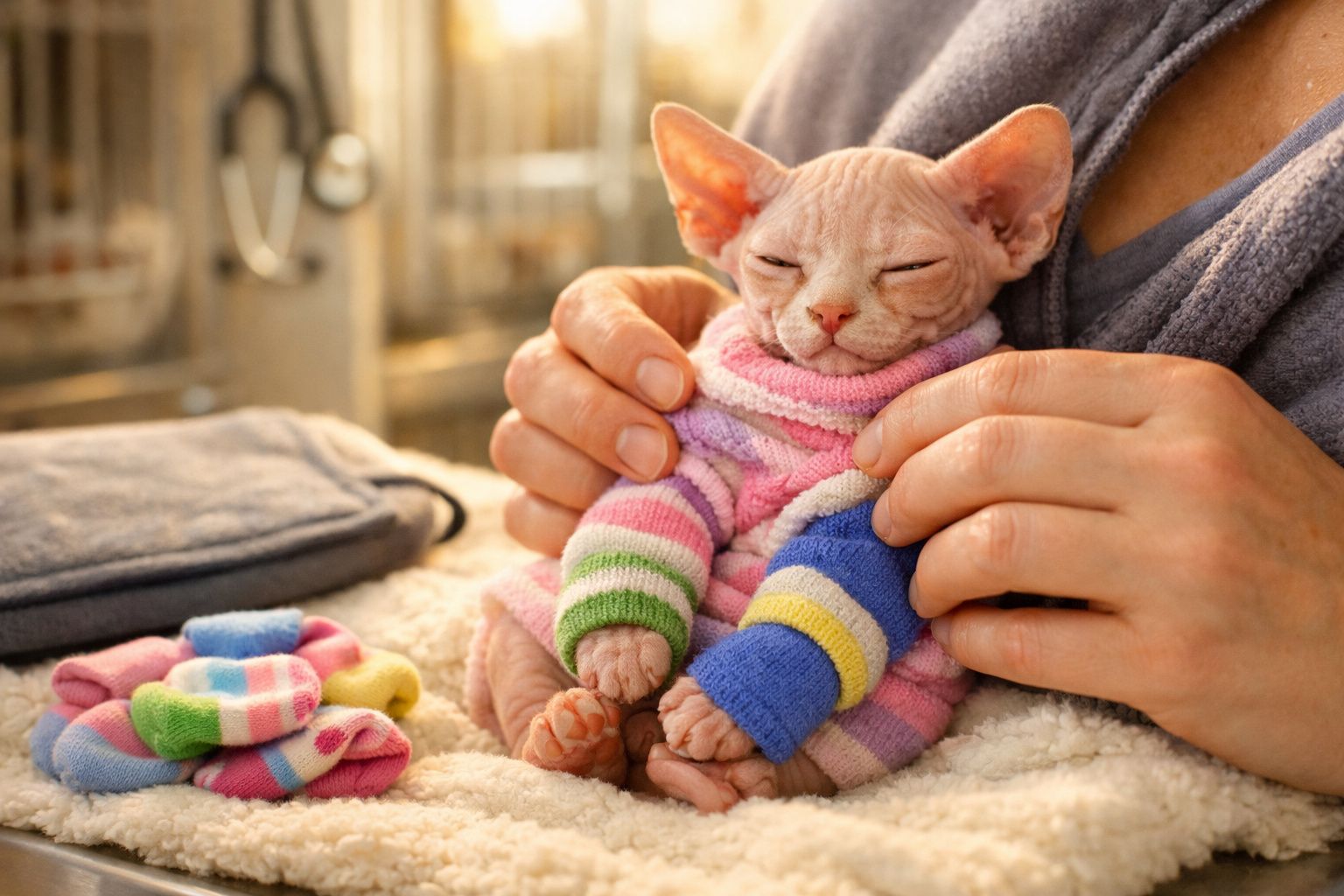 Gato Sphynx pelado vestindo roupas coloridas, sendo protegido e aquecido por mãos humanas.