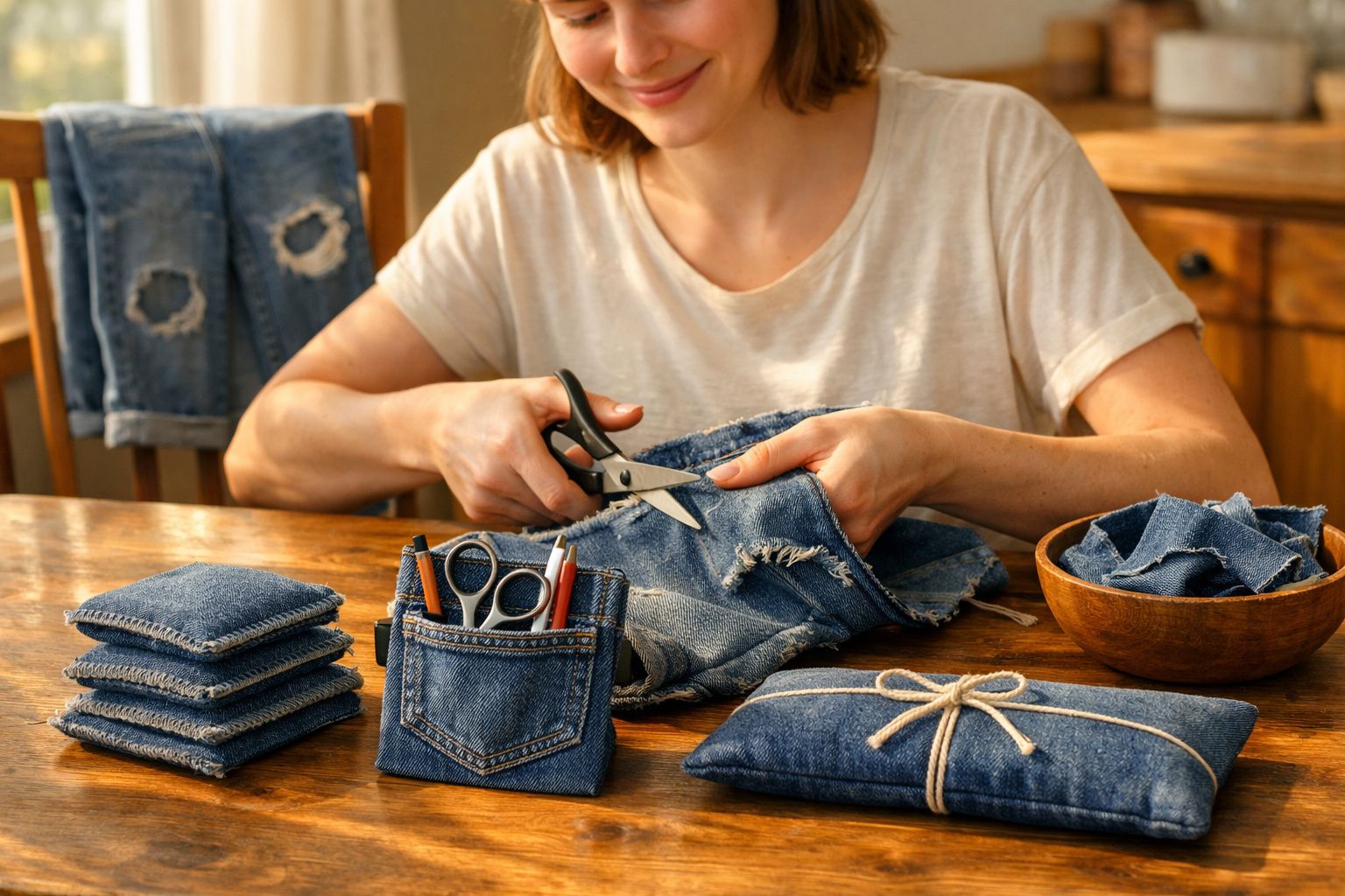 Pessoa cortando tecido jeans com tesoura, ao lado de acessórios e tecidos organizados sobre mesa de madeira.
