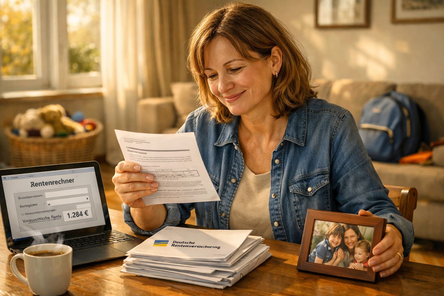 Mulher sorrindo lendo carta com laptop, documentos e foto de família em mesa iluminada pela manhã.