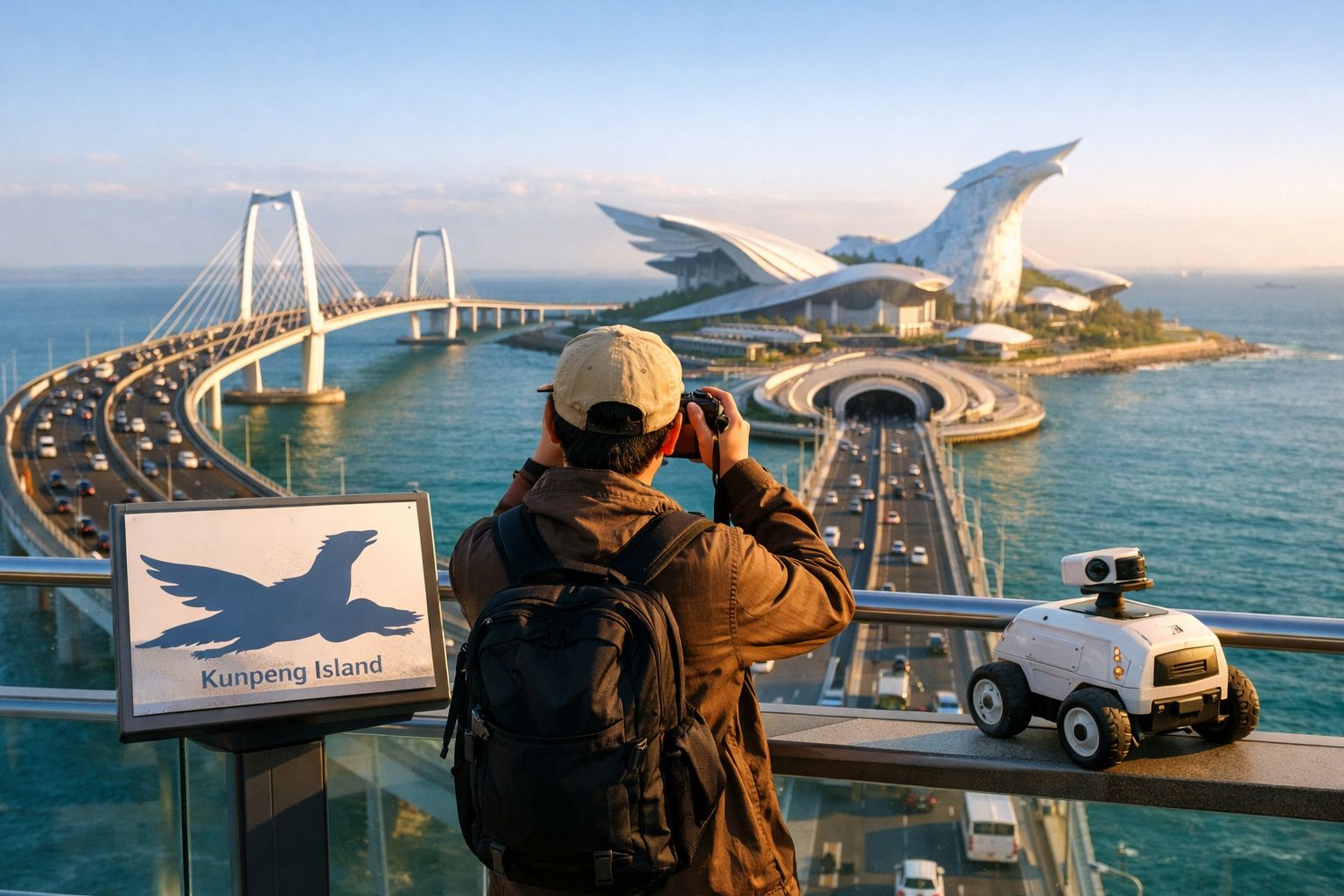 Pessoa com mochila tirando foto da ponte e do edifício com formato de pássaro na ilha Kunpeng.