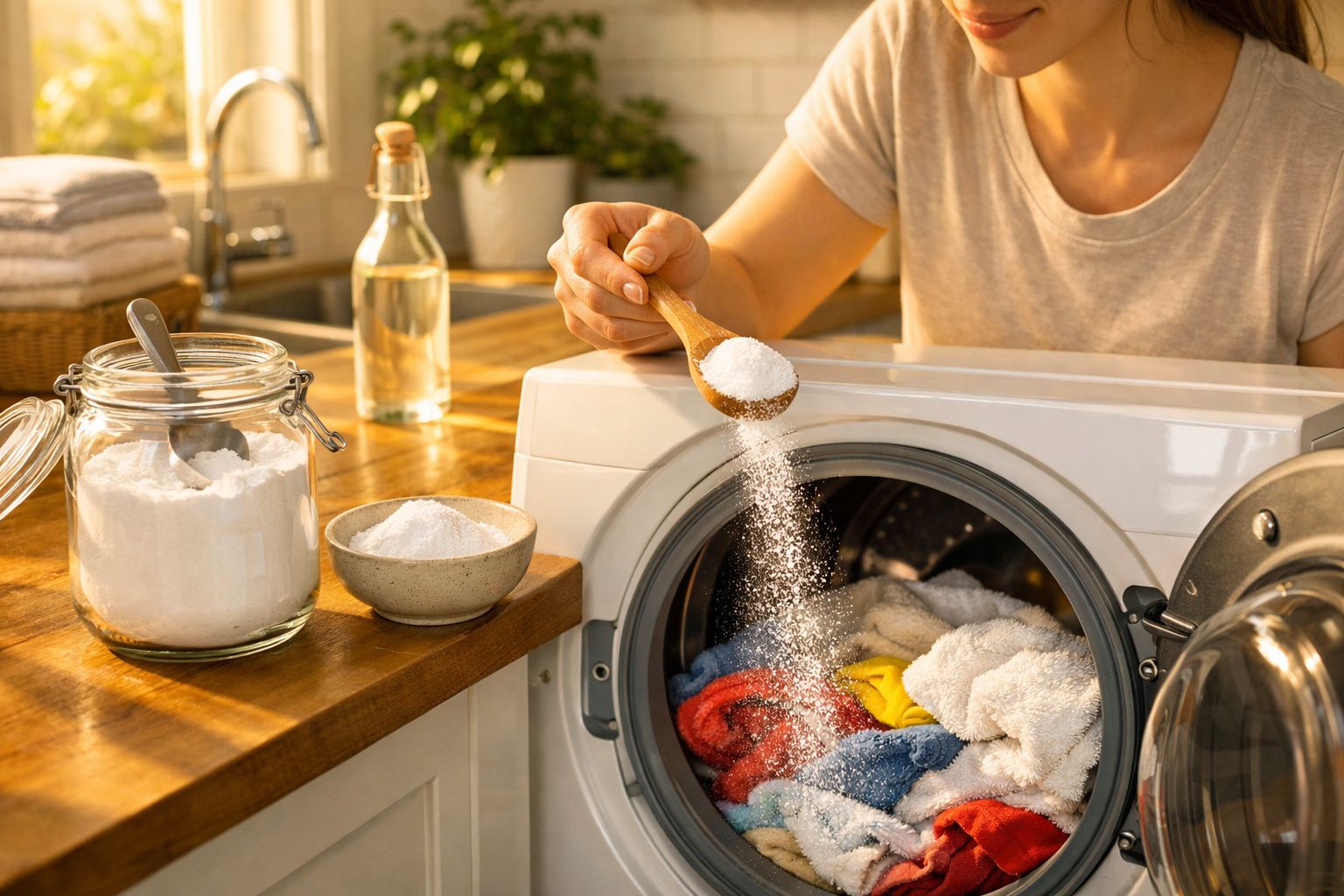 Pessoa colocando bicarbonato de sódio na máquina de lavar roupas coloridas em lavanderia doméstica.