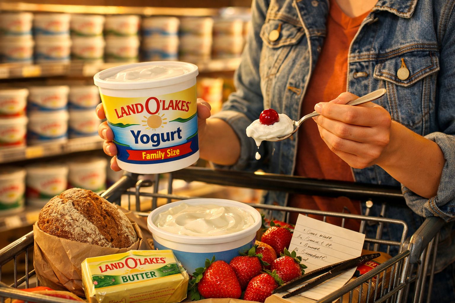 Pessoa segura pote de iogurte Land O'Lakes e colher com iogurte e cereja sobre carrinho com produtos.