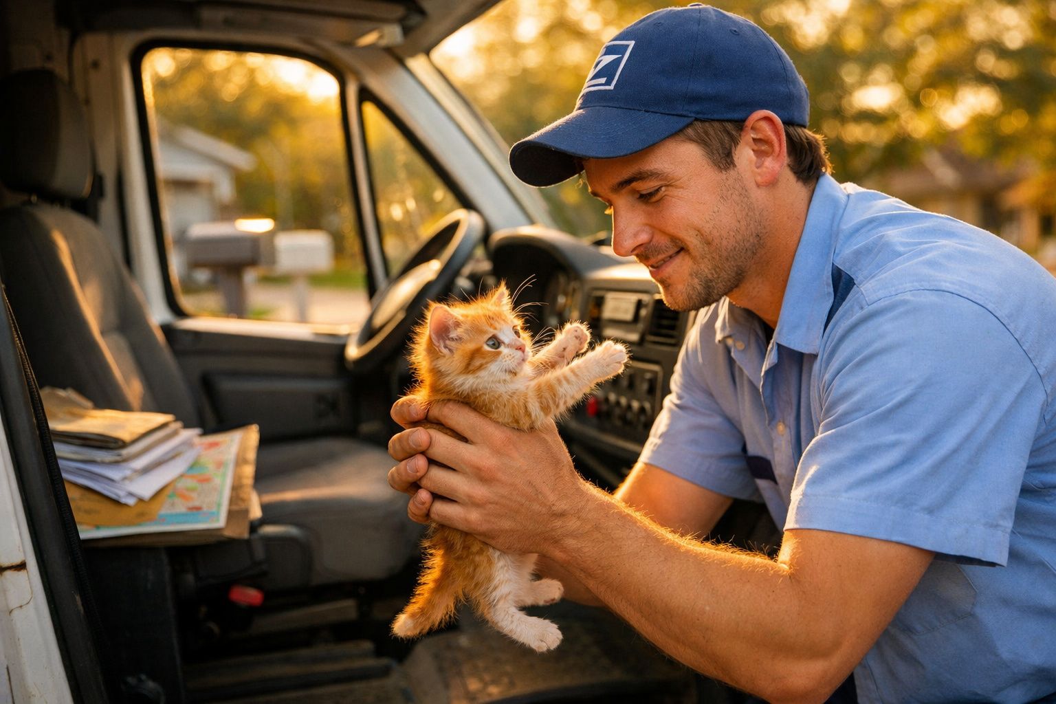 Homem de uniforme azul segurando fofinho gatinho laranja dentro de um carro com portas abertas.