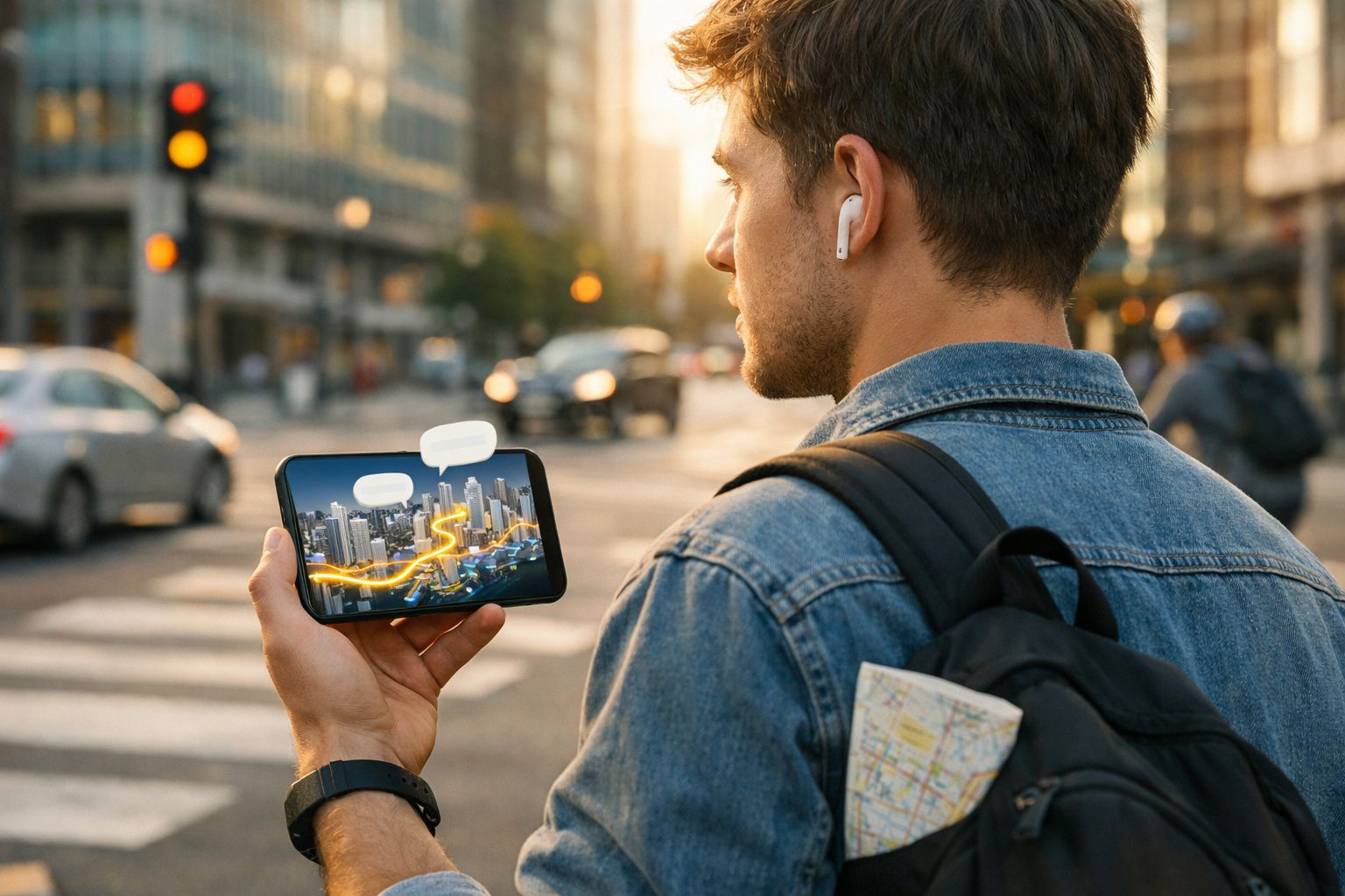 Homem com mochila usa fone de ouvido e consulta mapa digital de cidade no celular, em rua movimentada.
