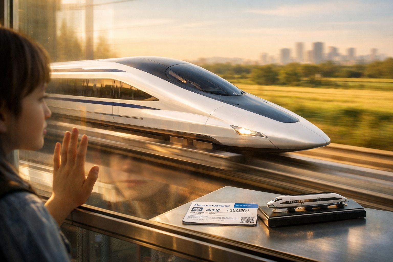 Menina olhando por janela para trem-bala moderno em alta velocidade com modelo e ingresso ao lado.
