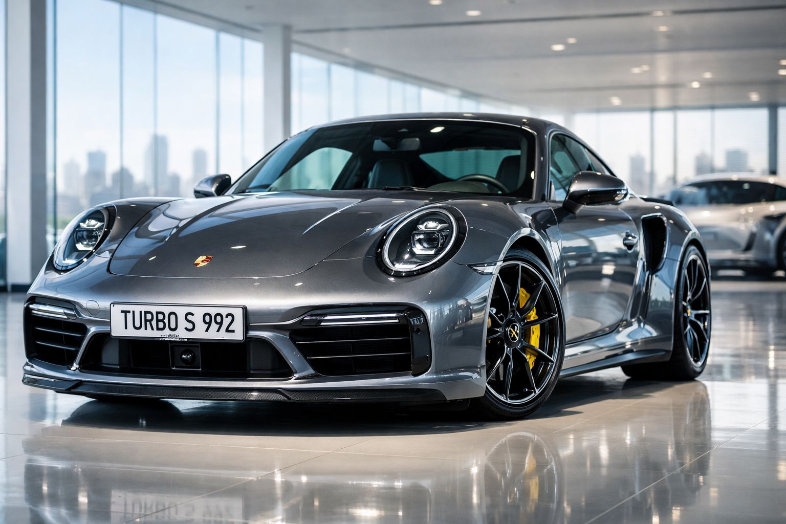 Carro esportivo Porsche Turbo S 992 cinza estacionado em showroom moderno com piso brilhante.