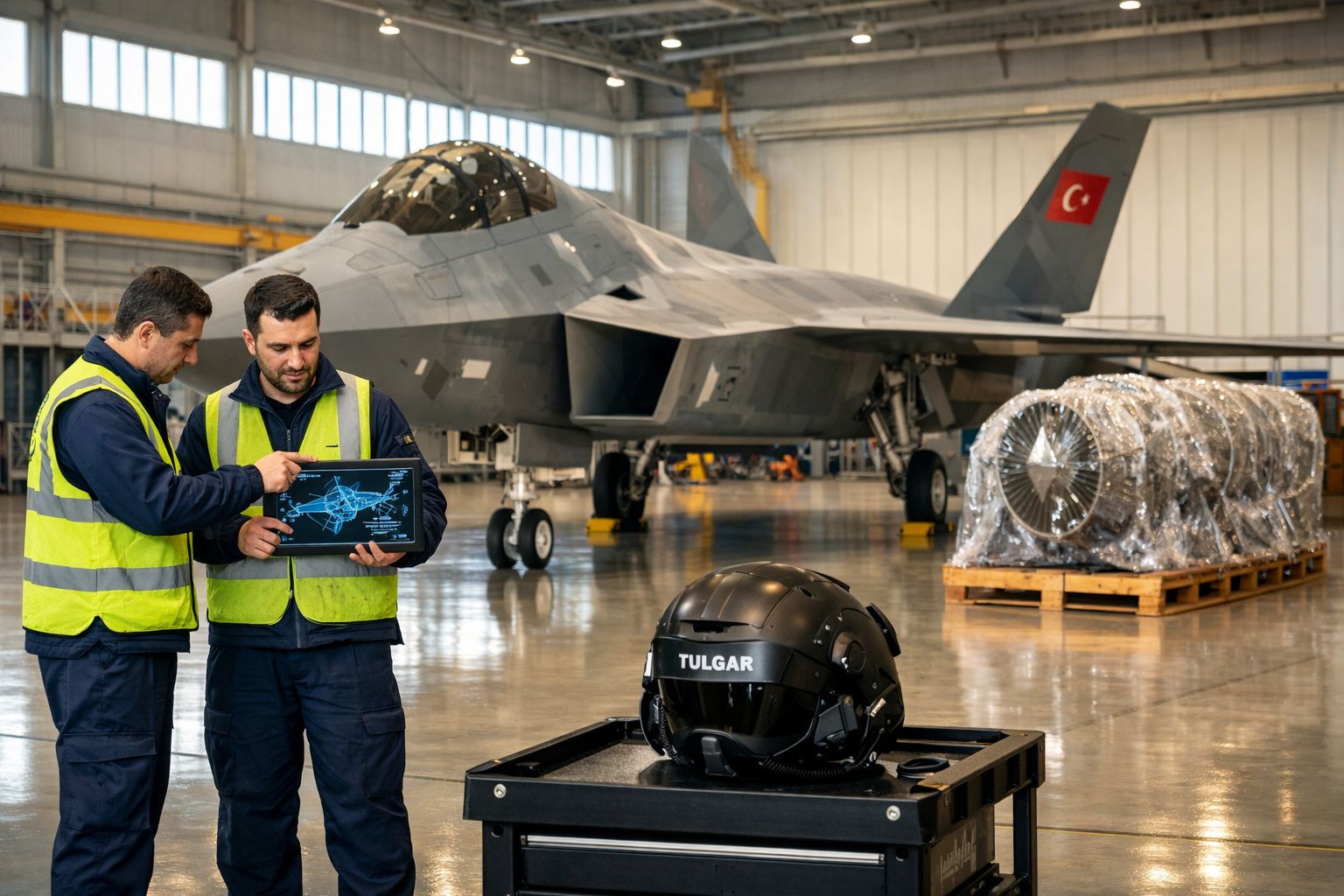 Dois técnicos em colete refletivo analisam projeto de caça militar turco em hangar, capacete TULGAR em destaque.