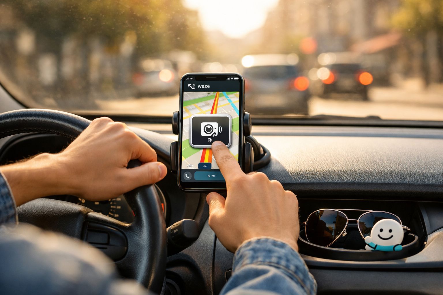 Pessoa usando aplicativo Waze no celular dentro do carro, navegando com mapa e direção ao fundo desfocado.