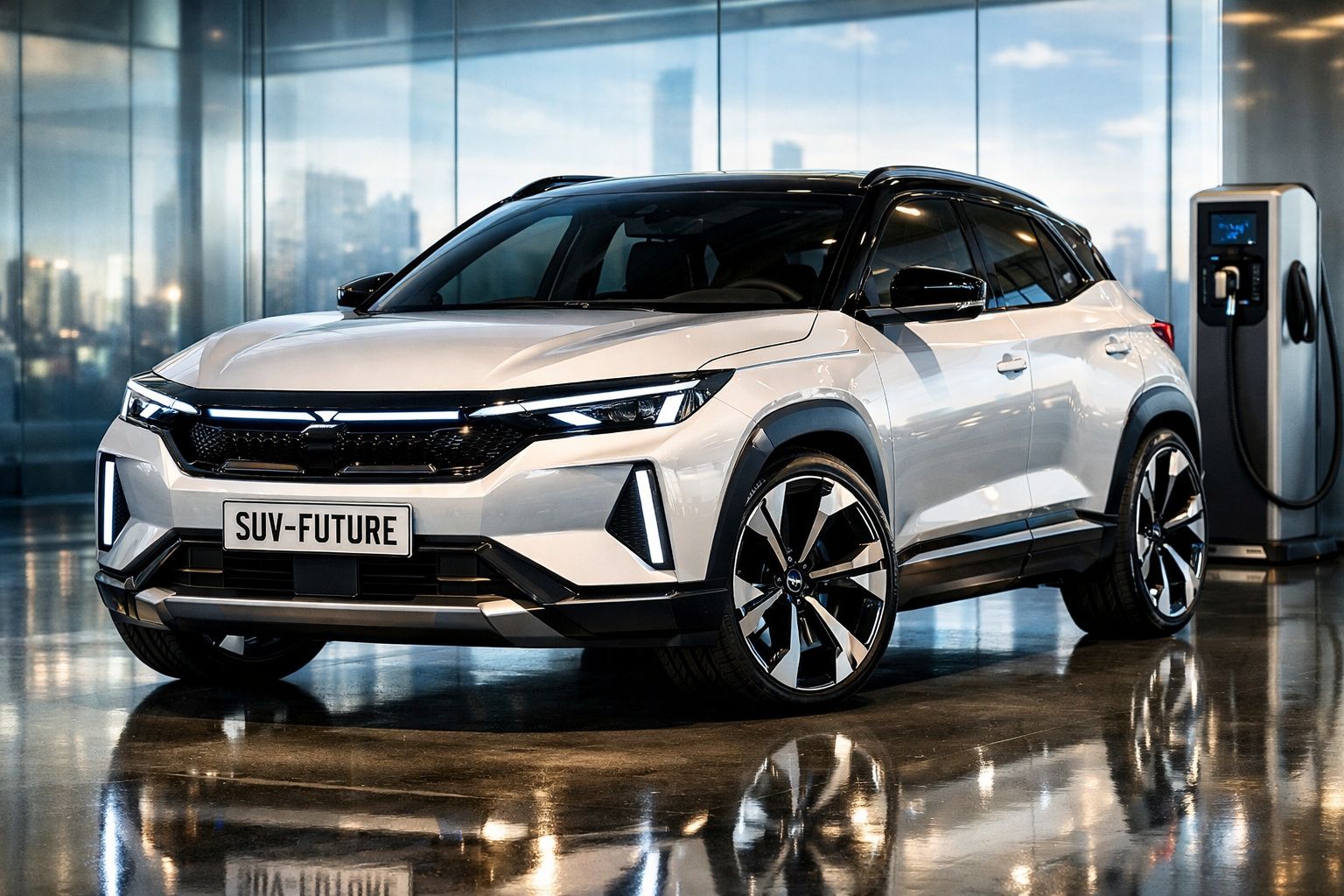 SUV elétrico branco e preto estacionado ao lado de carregador em ambiente moderno e iluminado.