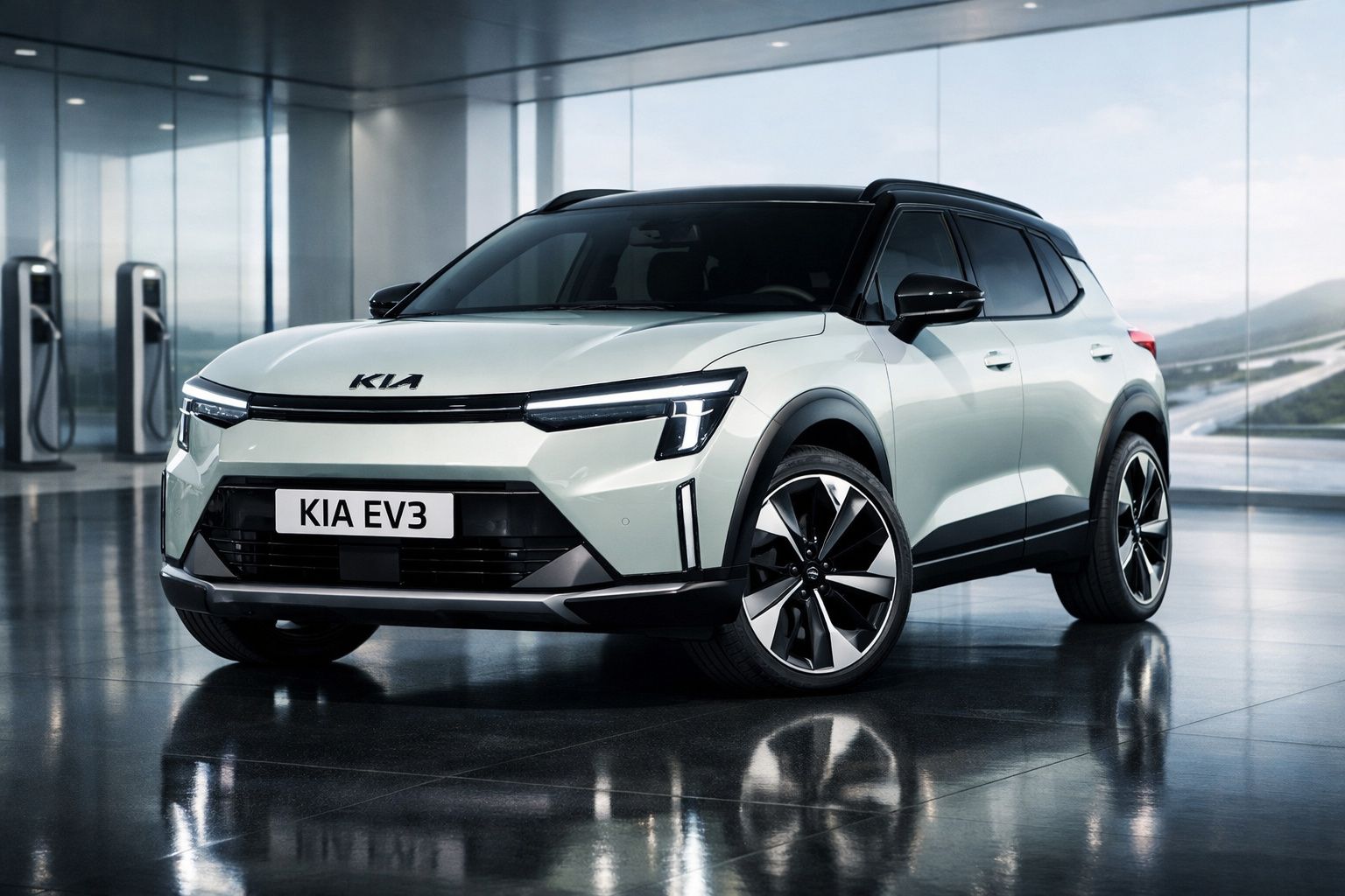 SUV elétrico branco Kia EV3 estacionado em ambiente moderno com piso reflexivo e janelas de vidro.