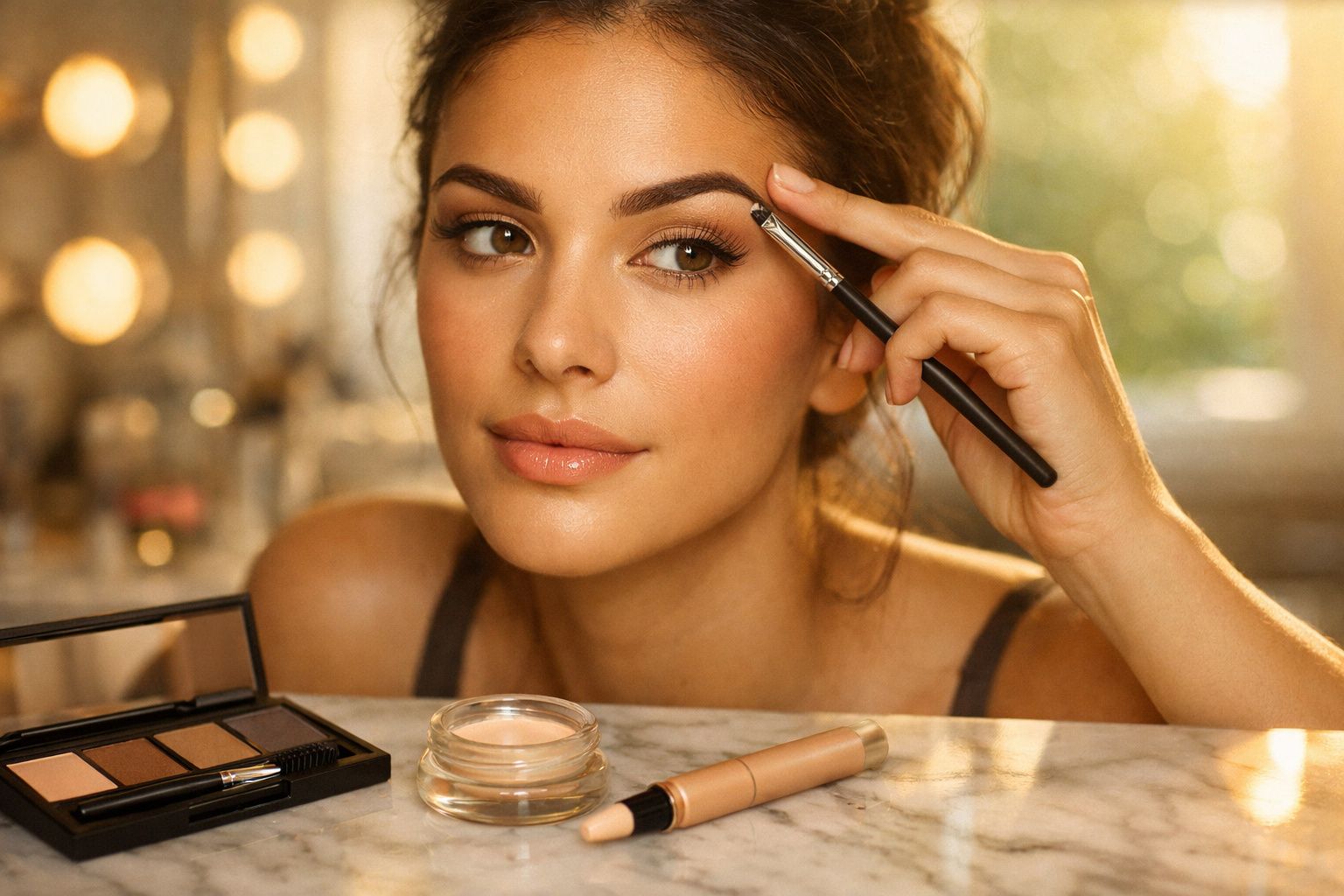 Mulher com pele bronzeada aplicando maquiagem nas sobrancelhas com pincel em ambiente iluminado.