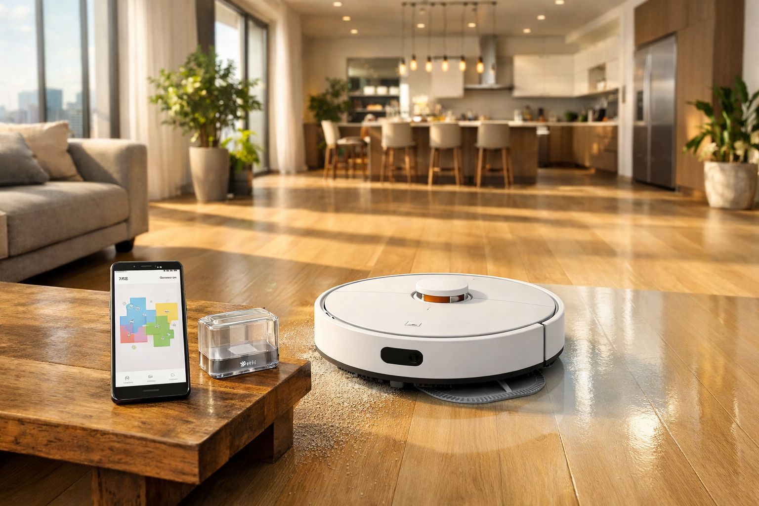 Aspirador robô branco limpando piso de madeira em sala ampla, com smartphone ao lado mostrando app.