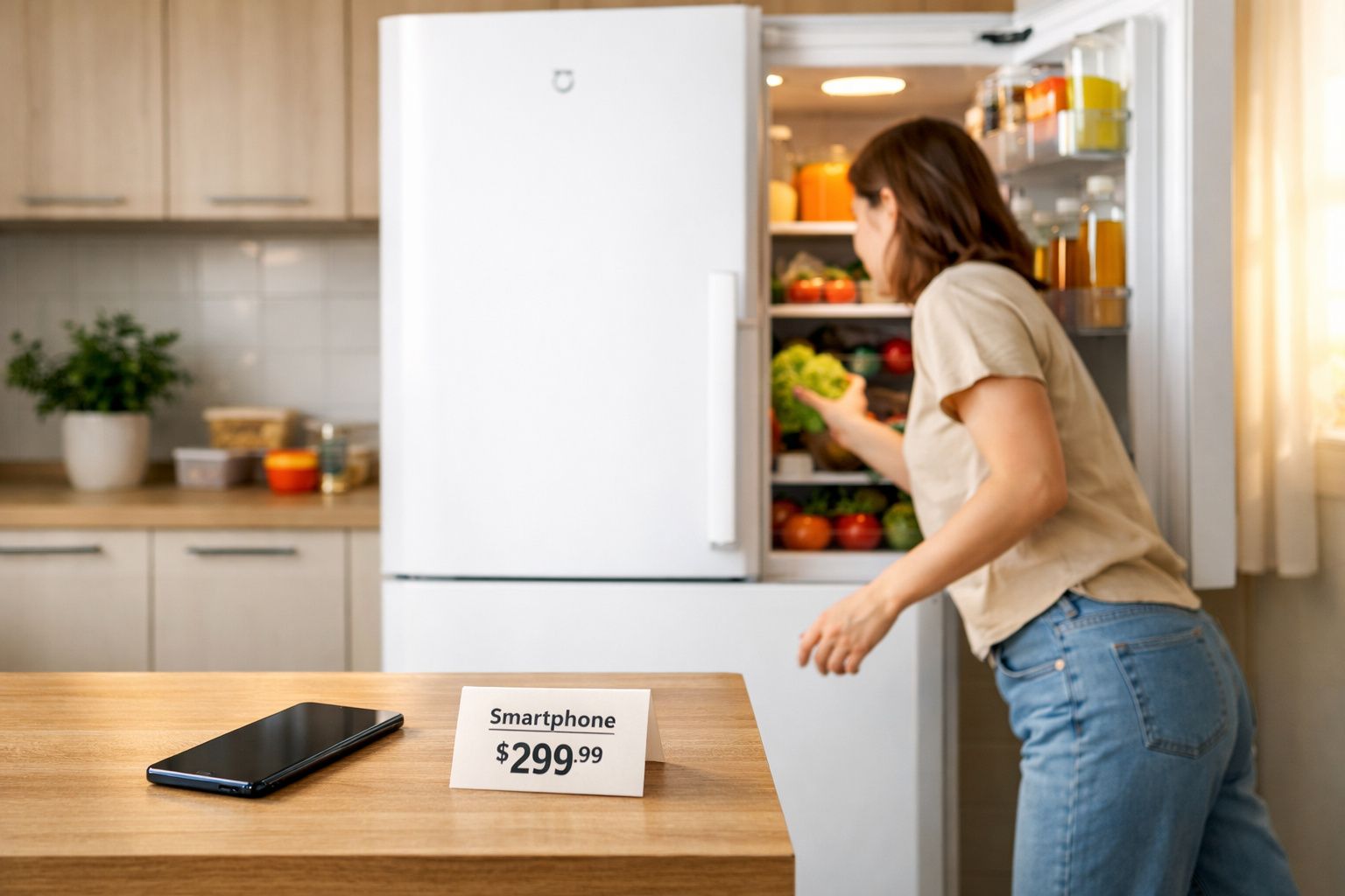 Mulher pega verduras na geladeira aberta, com smartphone e placa de preço sobre a mesa.