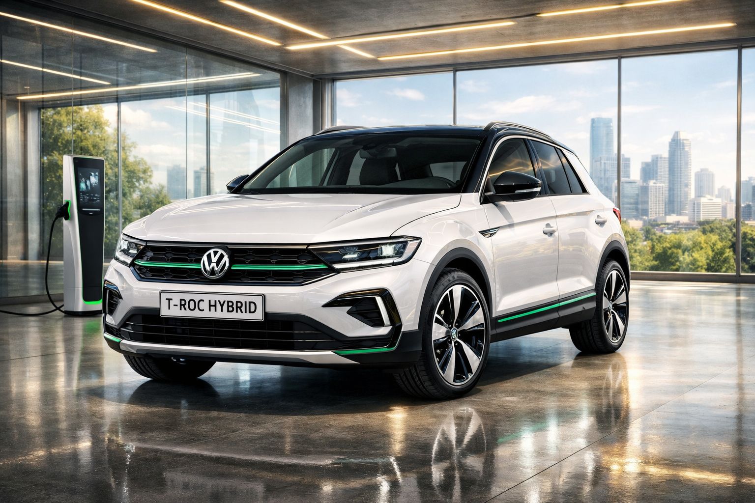 Carro SUV branco Volkswagen T-Roc Hybrid estacionado em garagem moderna com estação de recarga elétrica.
