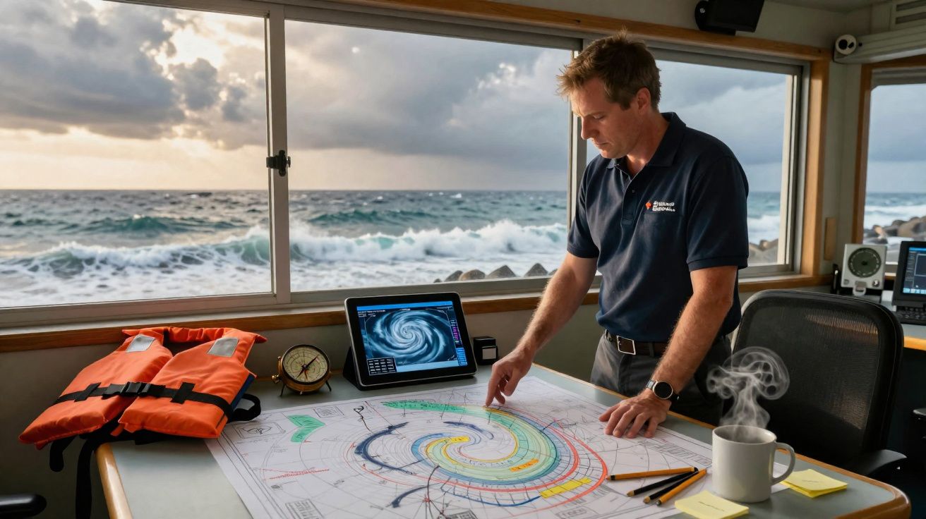 Homem analisa mapas meteorológicos em barco com vista para o mar agitado ao pôr do sol.
