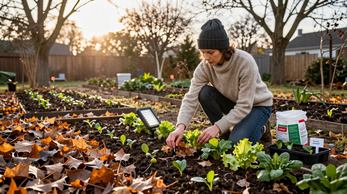 Mulher com gorro cuidando de plantas novas em canteiros no jardim durante o outono.