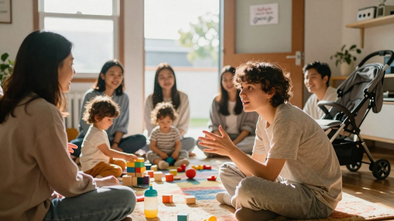 Grupo de adultos e crianças sentados no chão brincando com blocos de montar em ambiente iluminado.