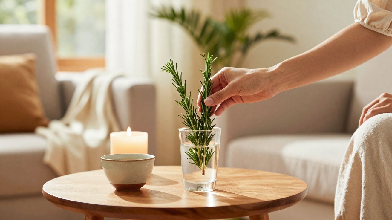Mão colocando ramo de alecrim em copo com água sobre mesa com vela acesa e xícara em sala iluminada.