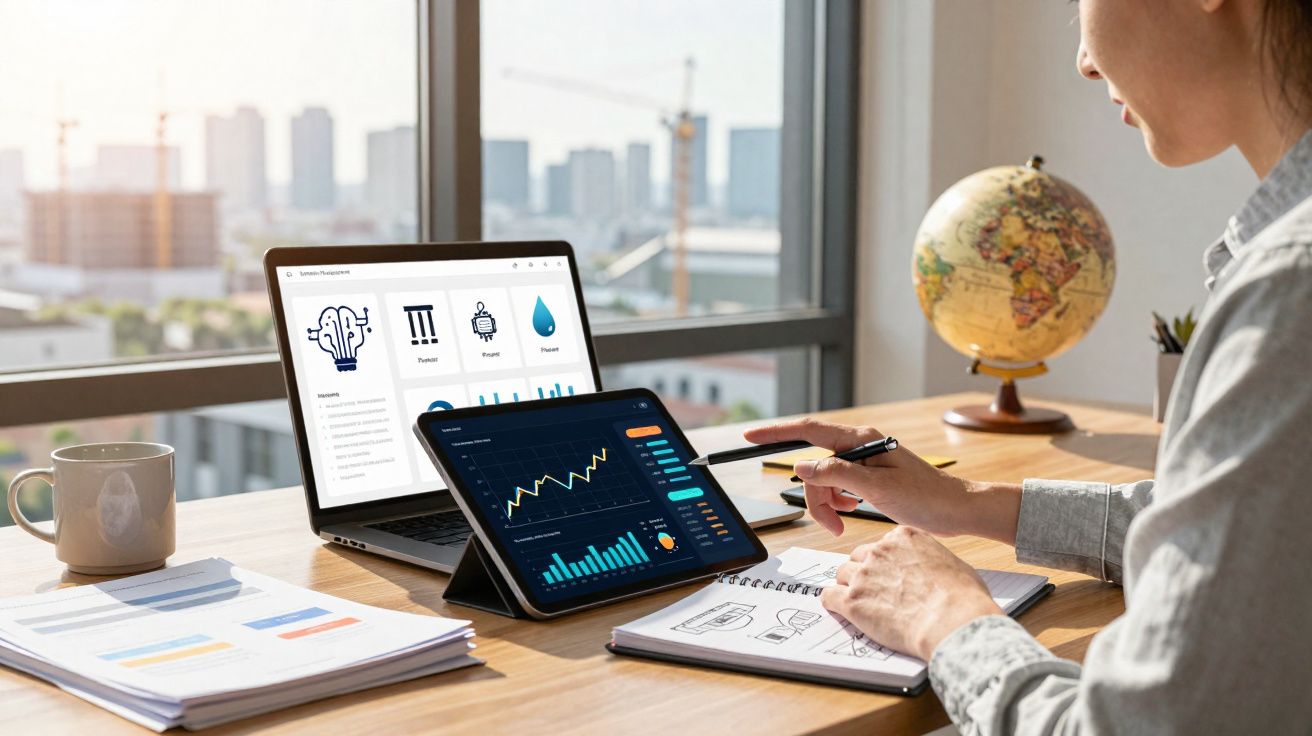 Pessoa analisando gráficos financeiros em tablet e laptop em mesa de escritório com vista para cidade.