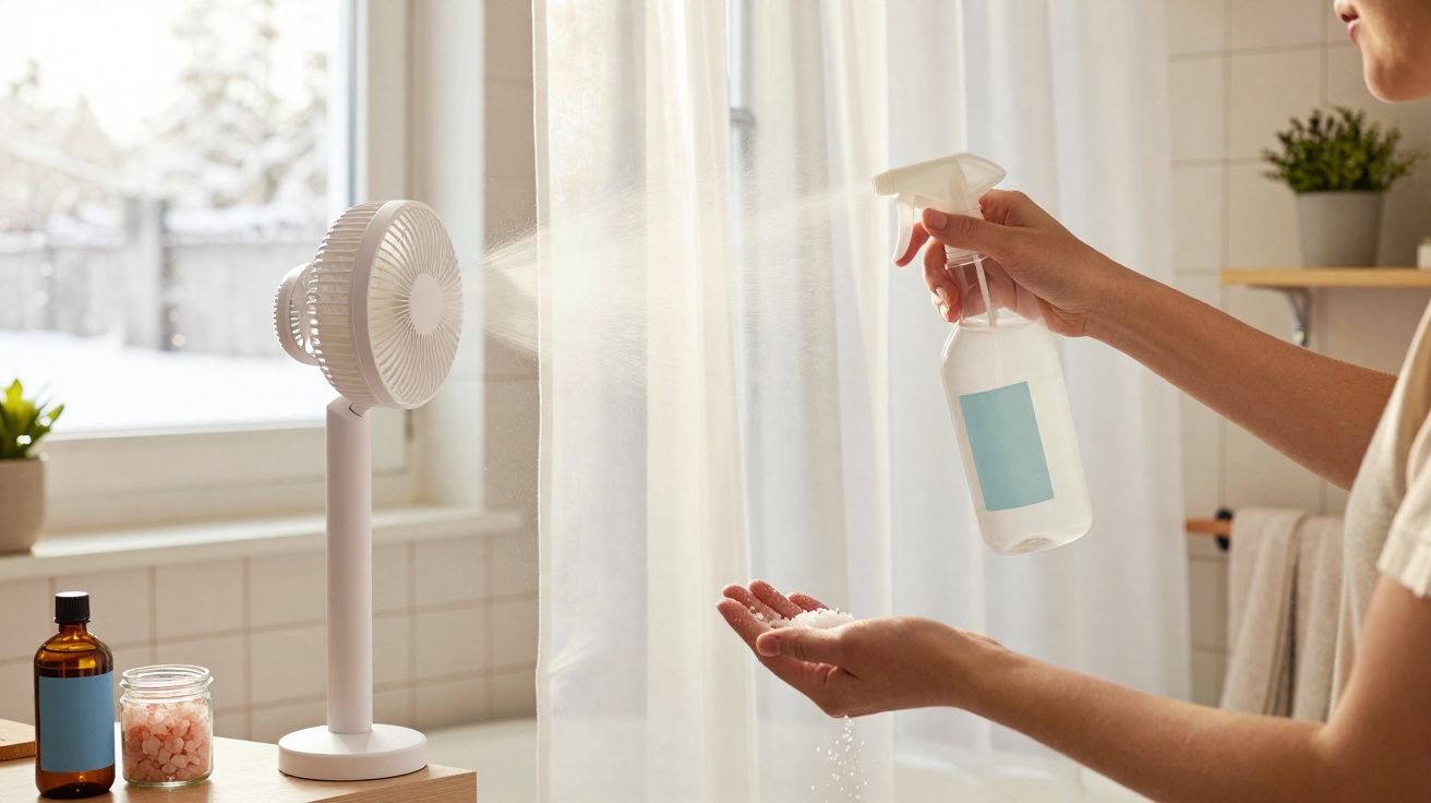 Pessoa borrifando água nas mãos na frente de um ventilador branco em ambiente iluminado.