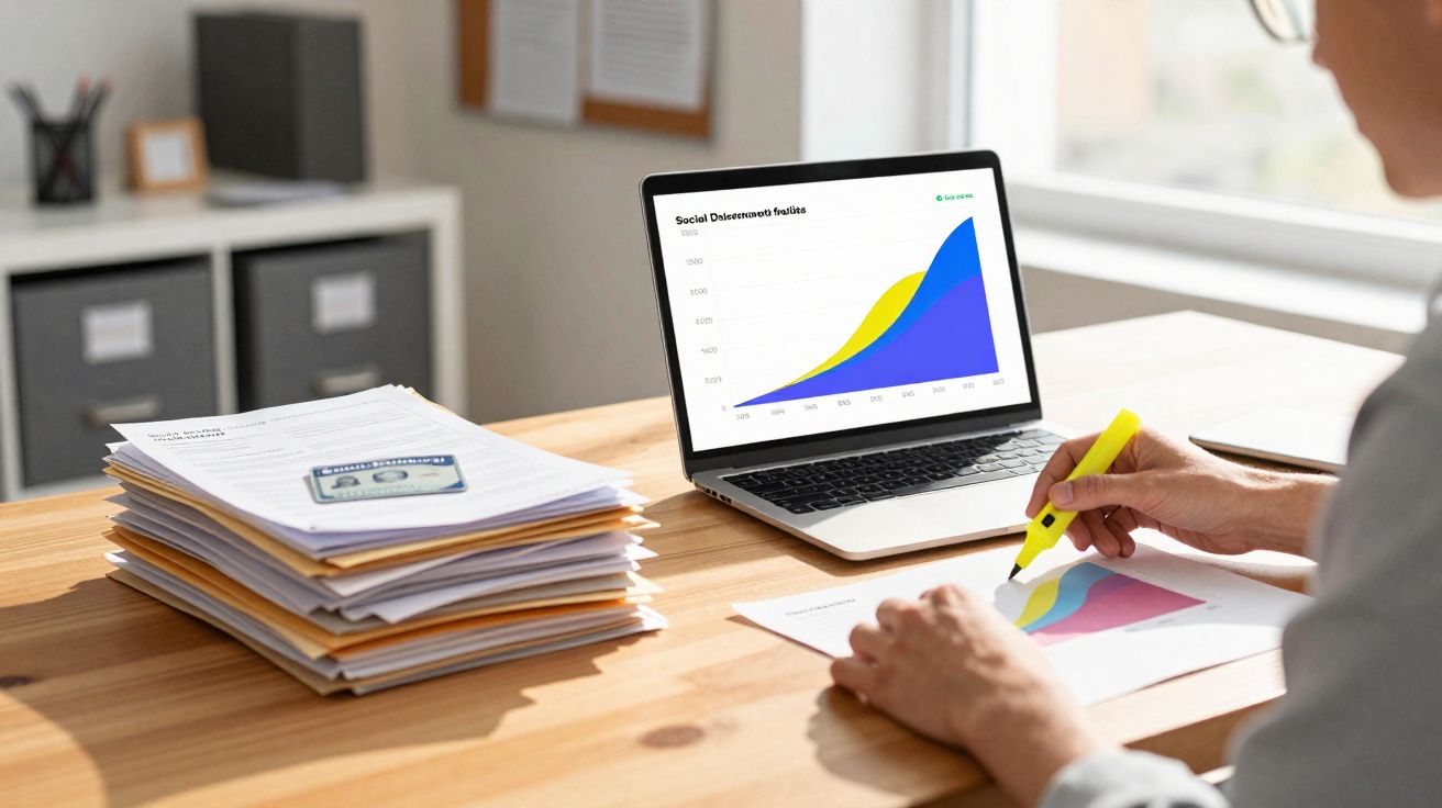 Pessoa destacando gráfico colorido em papel próximo a laptop com gráfico de crescimento em mesa com pilha de documentos.