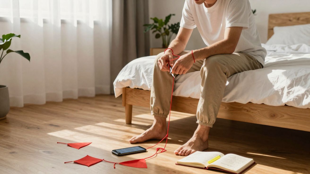Homem sentado na cama com corda de pipa e livro aberto no chão em quarto iluminado pela luz natural.