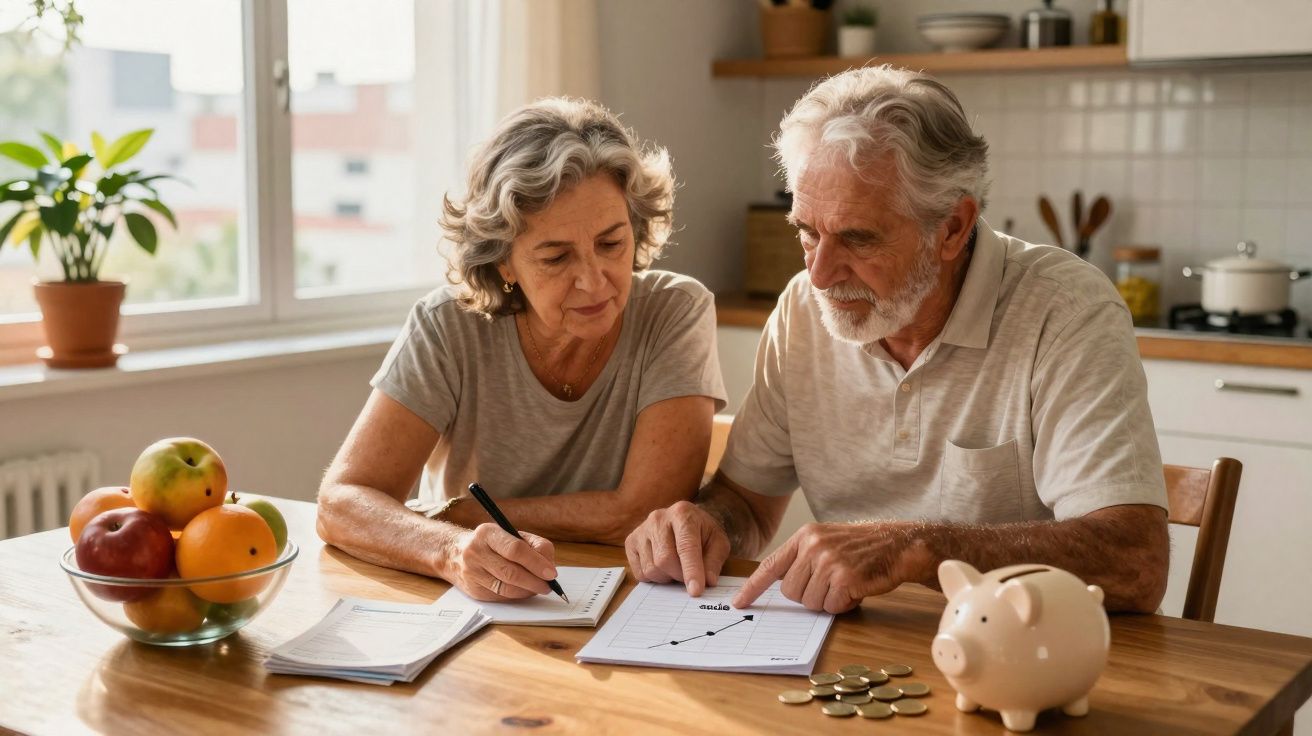 Casal idoso sentado à mesa, analisando documentos financeiros com cofrinho e moedas ao lado.