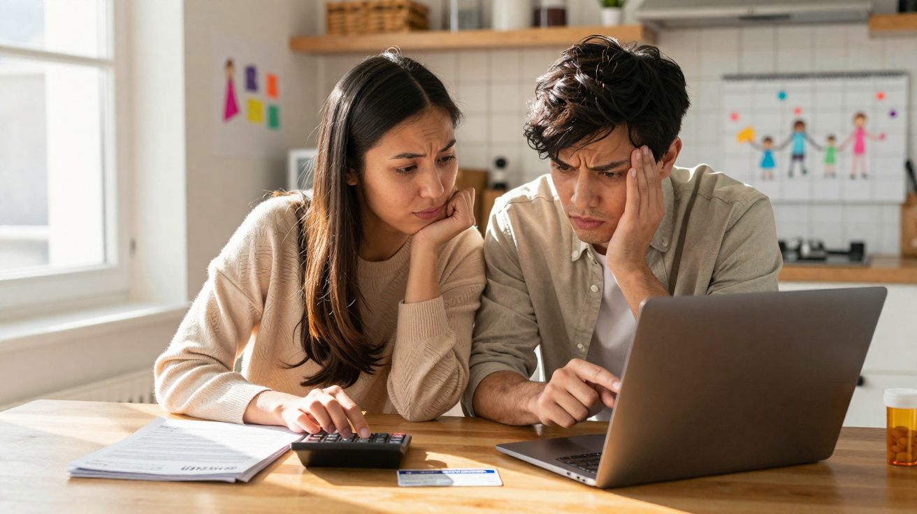 Casal preocupado analisando contas com laptop, calculadora e cartão de crédito em mesa na cozinha.