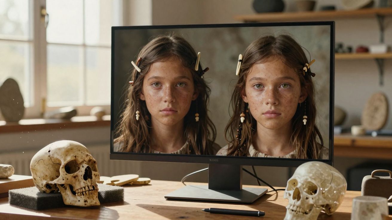 Computador exibe imagem de uma menina com cabelos longos e presilhas, ao lado de dois crânios sobre mesa.