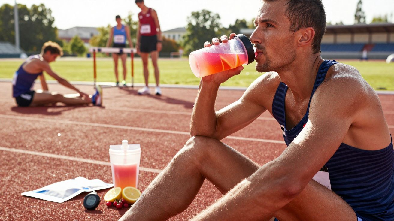 Homem sentado na pista de atletismo, bebendo isotônico rosa após treino, com outros atletas ao fundo.