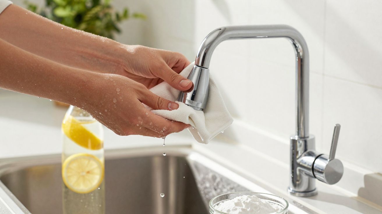 Mãos femininas limpando ponta da torneira da pia com pano branco em cozinha iluminada.