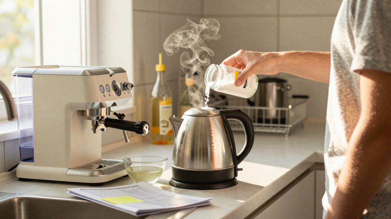 Pessoa adiciona sal em chaleira elétrica com vapor em cozinha ao lado de cafeteira e xícara com líquidos.