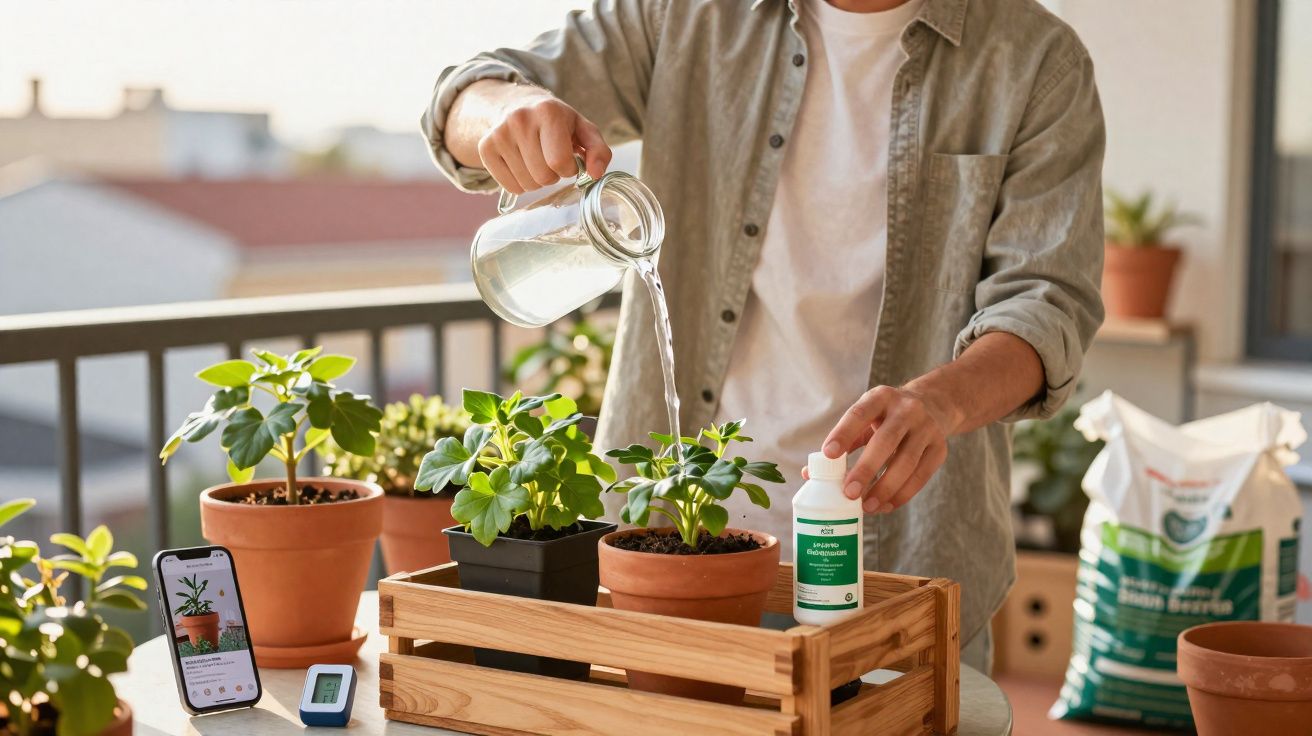 Pessoa regando plantas em vaso enquanto segura frasco de fertilizante em varanda ensolarada.