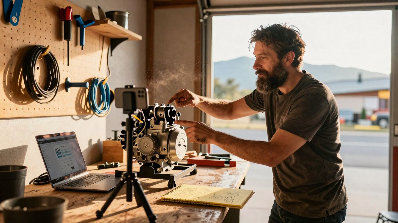 Homem com barba conserta motor em bancada de oficina iluminada por luz natural.