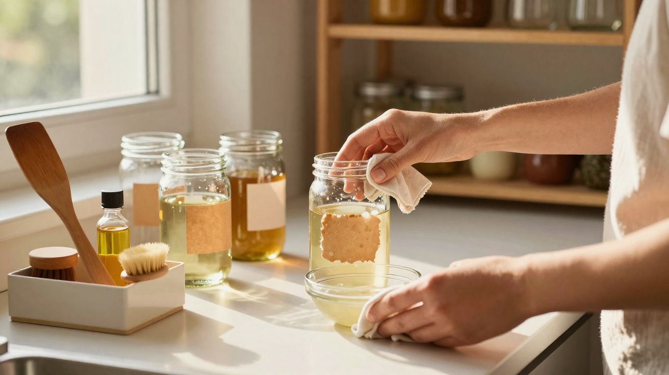Pessoa limpando vidro com pano ao lado de potes com líquidos em bancada iluminada por janela.