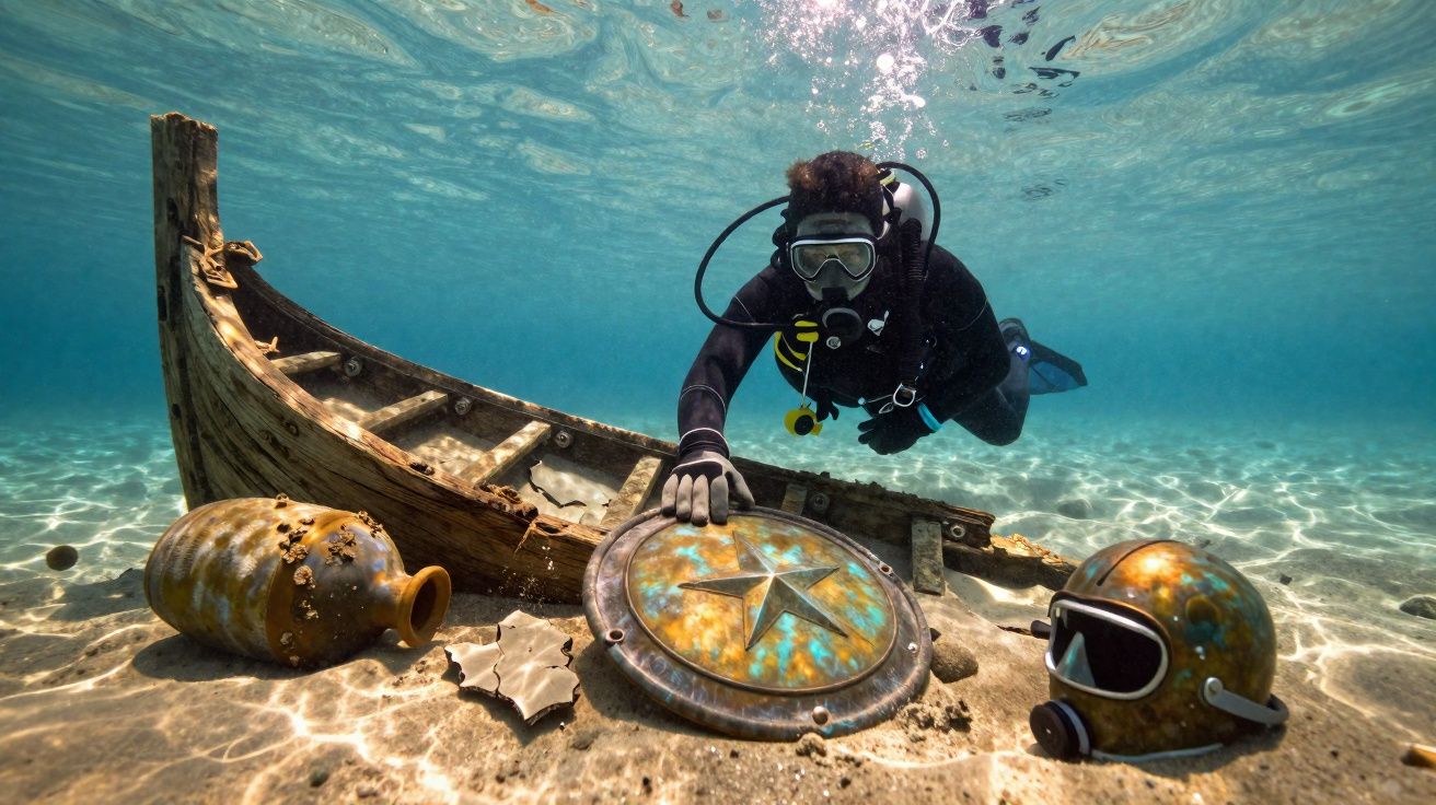 Mergulhador explorando um naufrágio com escudo antigo, capacete e cerâmica no fundo do mar.