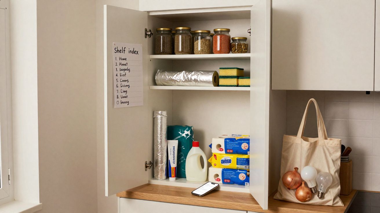 Armário de cozinha aberto com potes, utensílios, produtos de limpeza e lista de organização na porta.