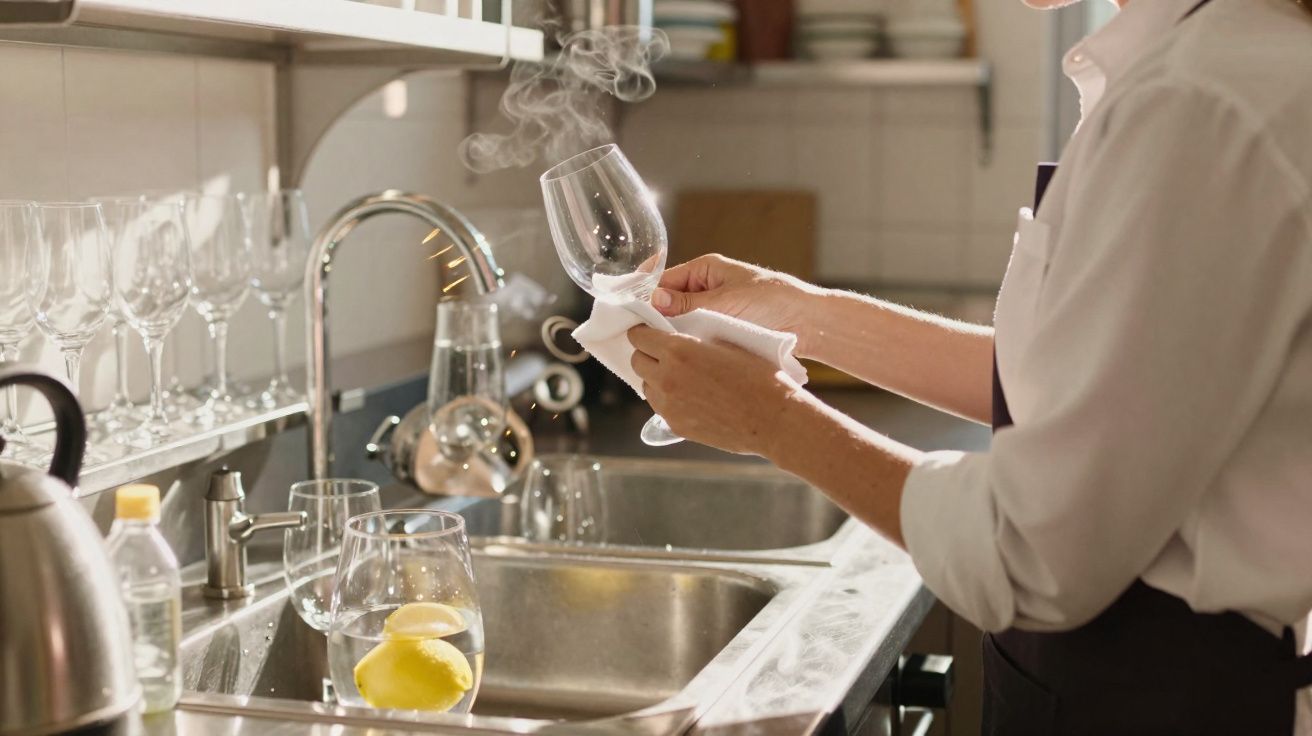 Pessoa secando taça de vidro branca em cozinha, com copos e limões sobre pia de inox.
