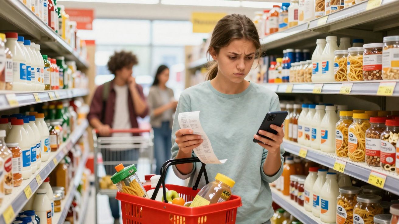 Mulher jovem confusa confere lista de compras e celular em corredor de mercado com cesta vermelha nas mãos.