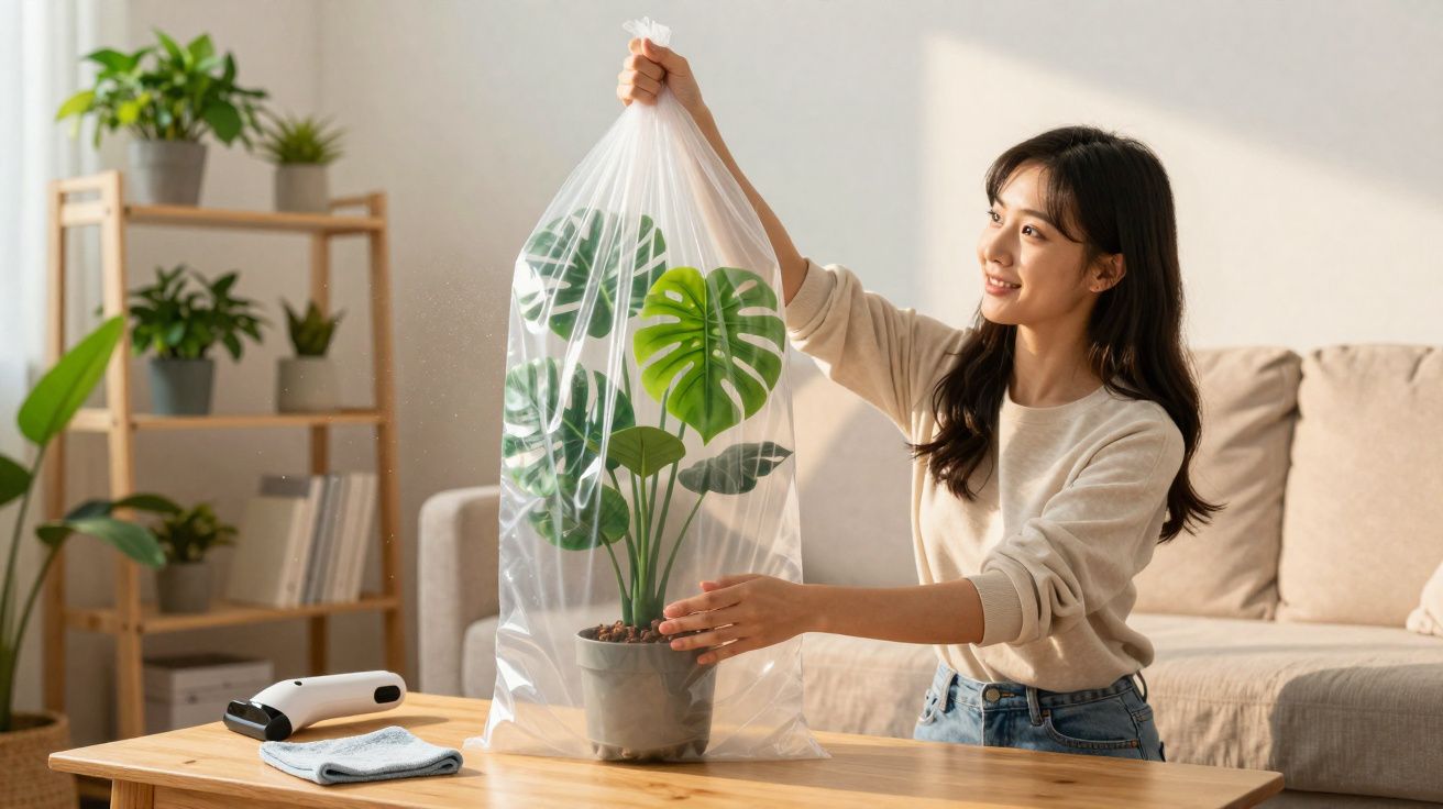 Mulher embrulhando planta em saco plástico transparente em sala iluminada.