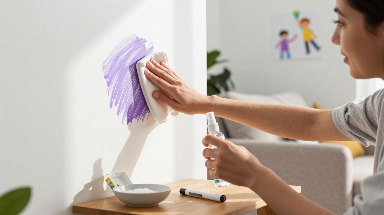 Mulher limpando mancha roxa de parede com pano e spray em ambiente doméstico.