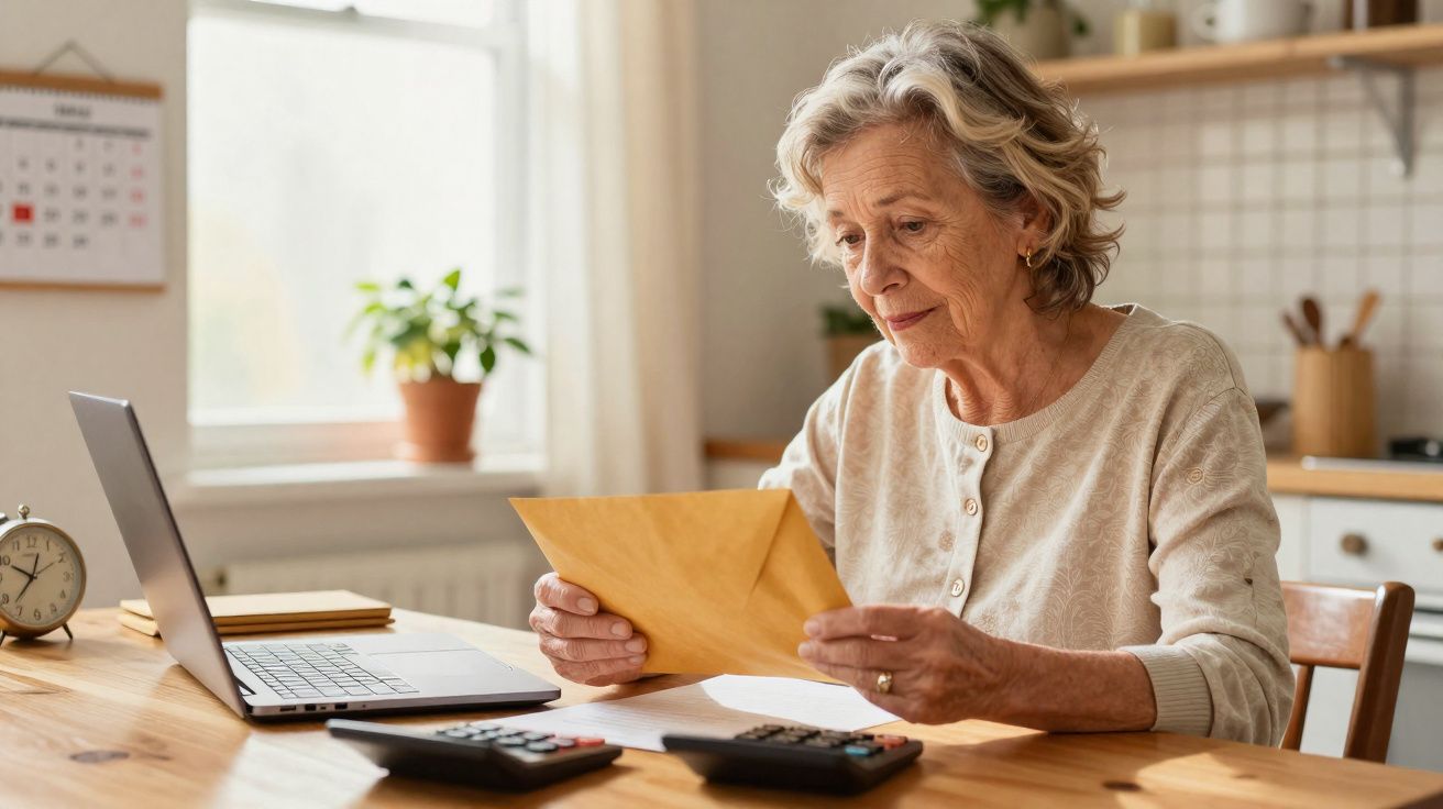 Mulher idosa analisando uma carta sentada à mesa com laptop, calculadora e relógio na cozinha.