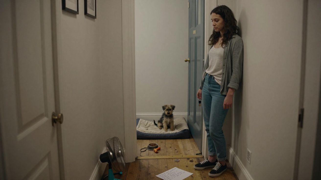 Mulher olhando para papel no chão em corredor, com cachorro sentado em cama ao fundo.