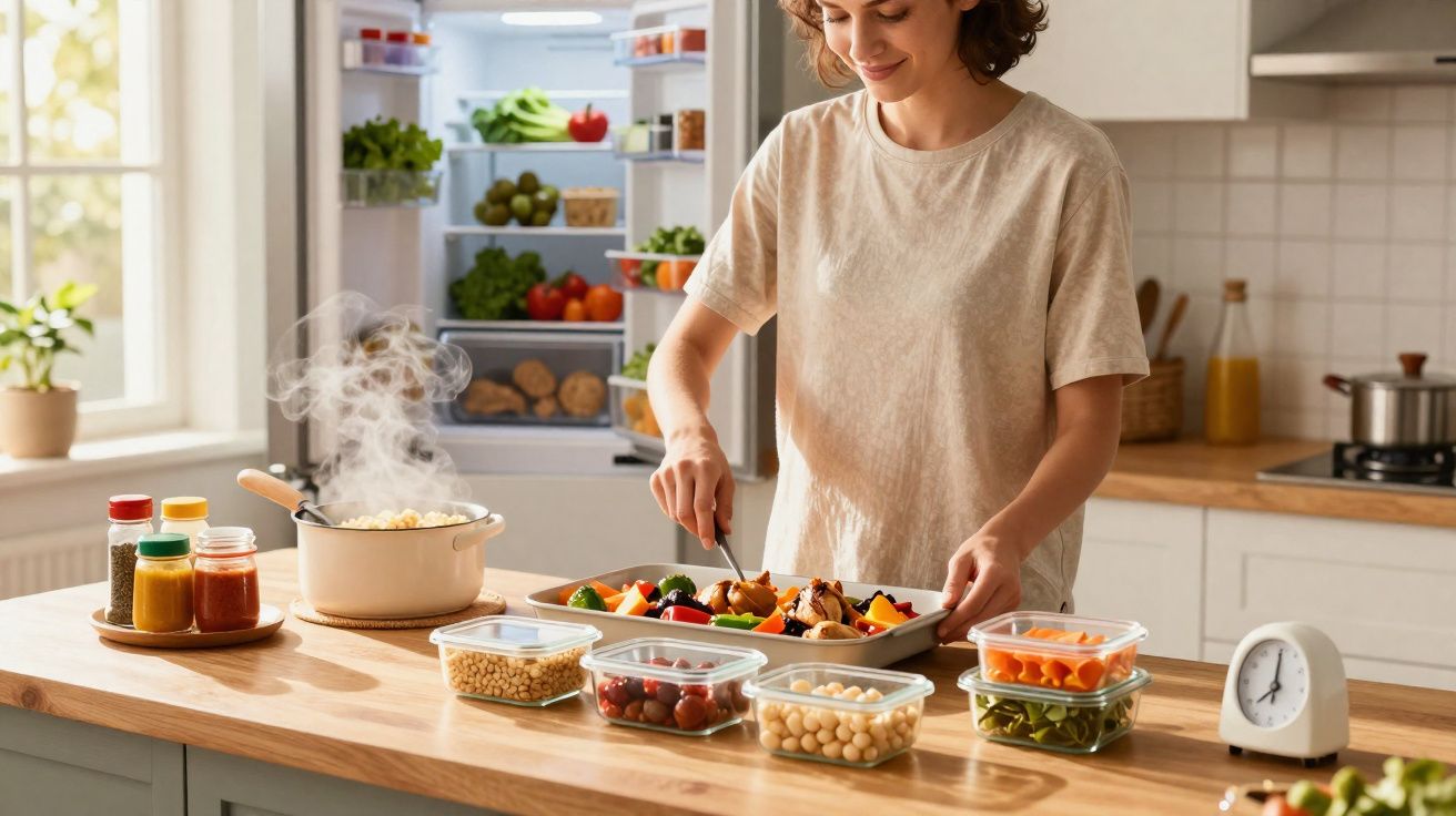 Mulher preparando refeição saudável na cozinha, com legumes, grãos e panela fumegante na bancada.